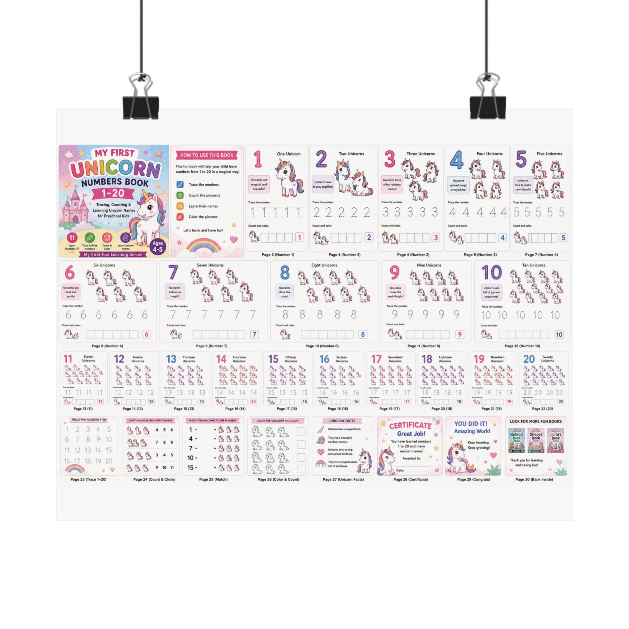 Unicorn Numbers Learning Poster — Matte Horizontal Educational Chart for Kids