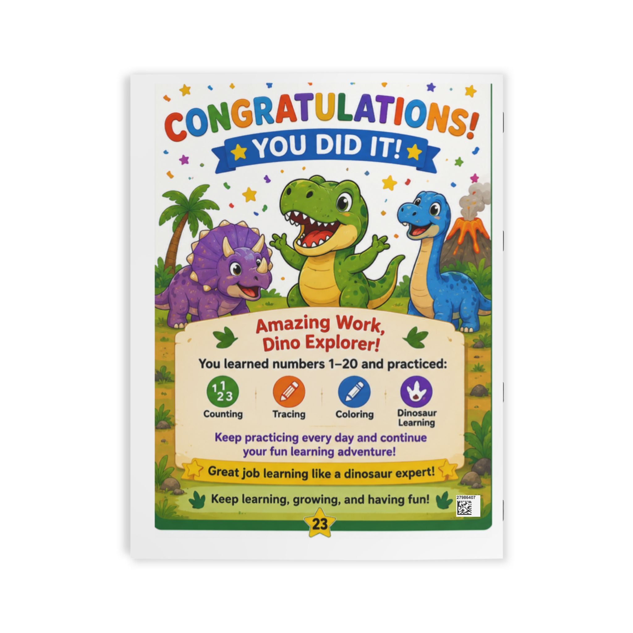 Dinosaur Numbers Coloring Book — Learn Numbers 1–20: Trace, Count & Color for Kids