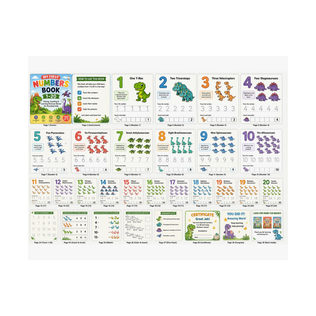 Numbers Learning Poster — Kindergarten Printable Matte Horizontal Chart