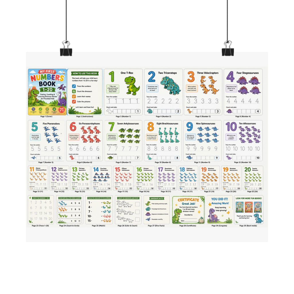 Numbers Learning Poster — Kindergarten Printable Matte Horizontal Chart